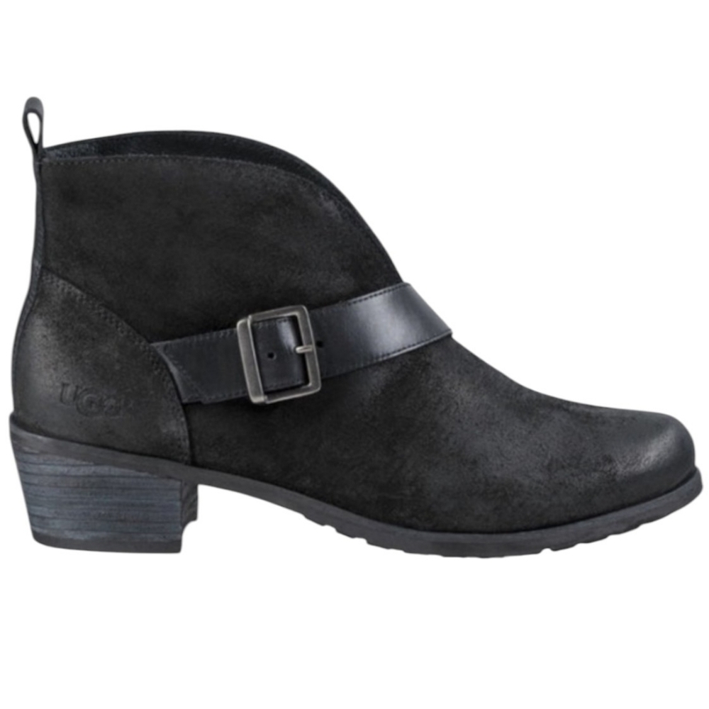 UGG Wright Ankle Boots Suede & Leather Belted Buckle Block Heel Pull On Black 8